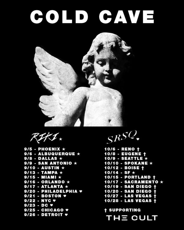 cold cave fall 2023 tour poster with cherub statue on top. includes dates supporting the cult and headline dates with riki, and srsq. 